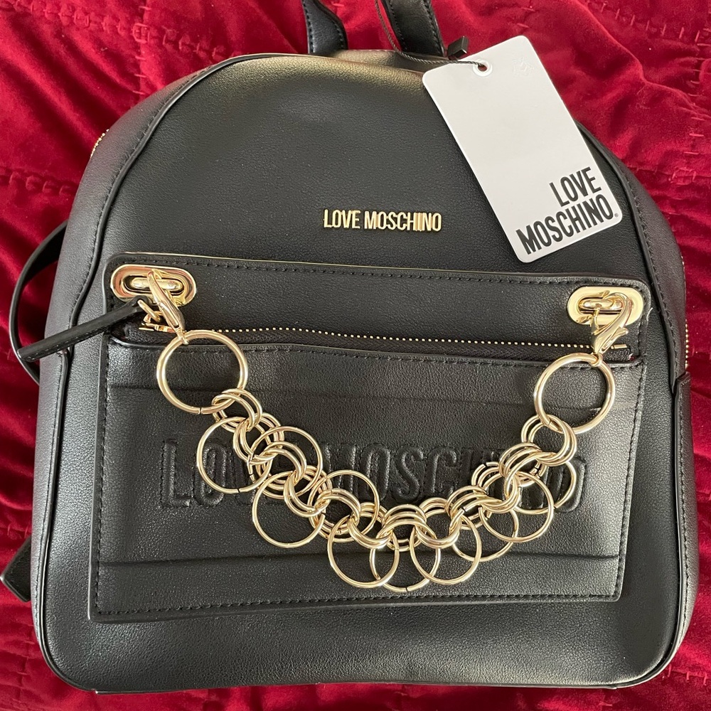 Love Moschino Black and Gold Backpack with Gold-Toned Accents